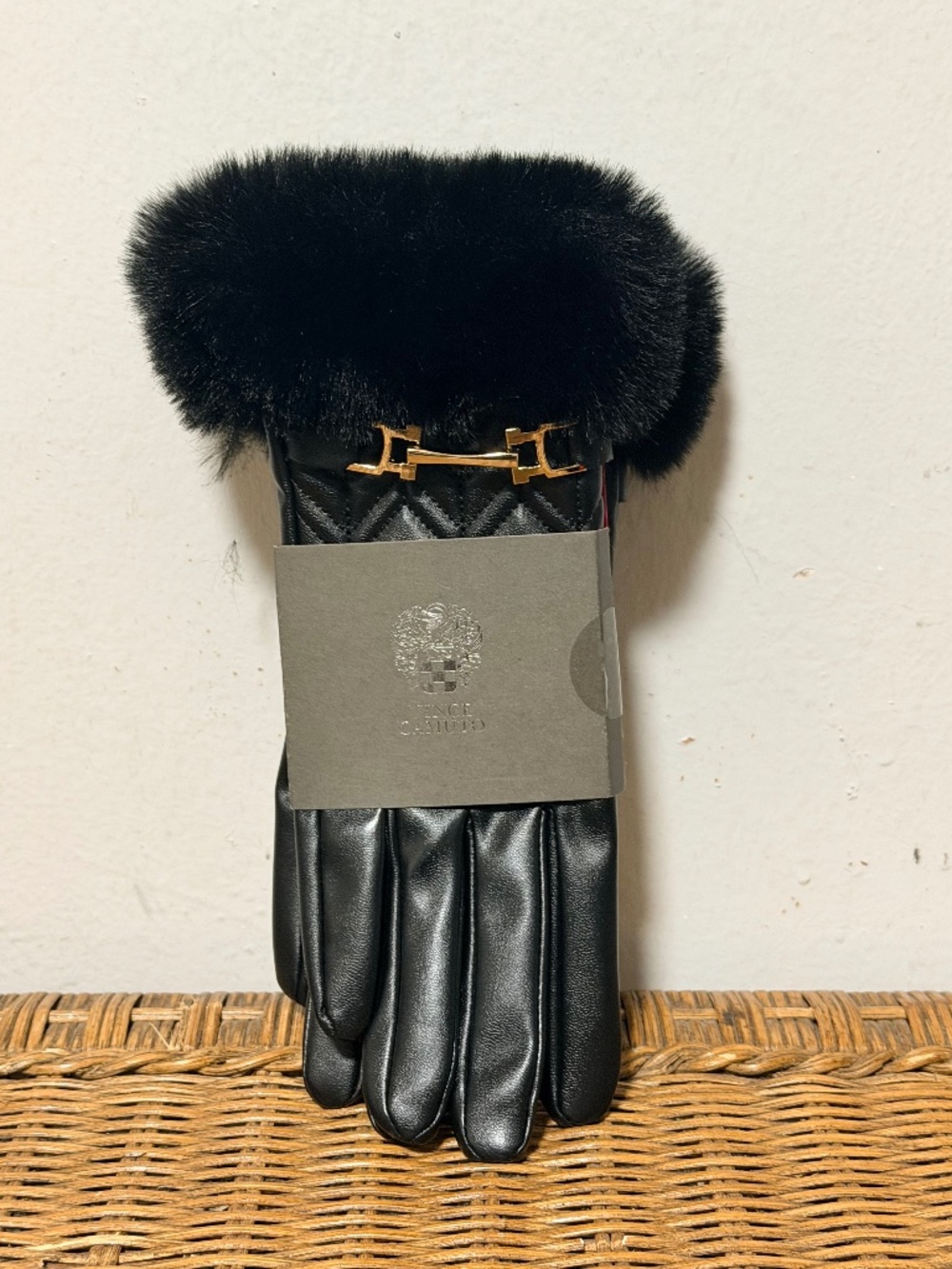 Vince Camuto Quilted Faux Fur Leather Gloves in black.